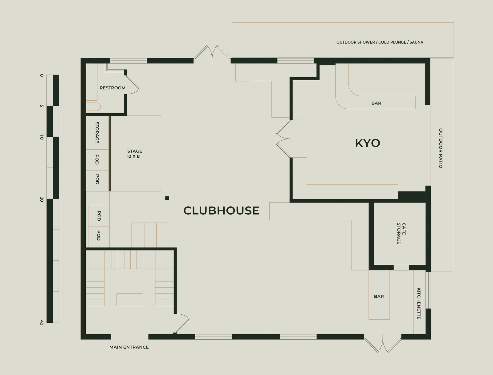 First floor plan of The KINN: the Clubhouse main event space with stage and pods, KYO lounge with two bars and outdoor patio, outdoor shower / cold plunge / sauna, café storage, kitchenette, restroom, and main entrance