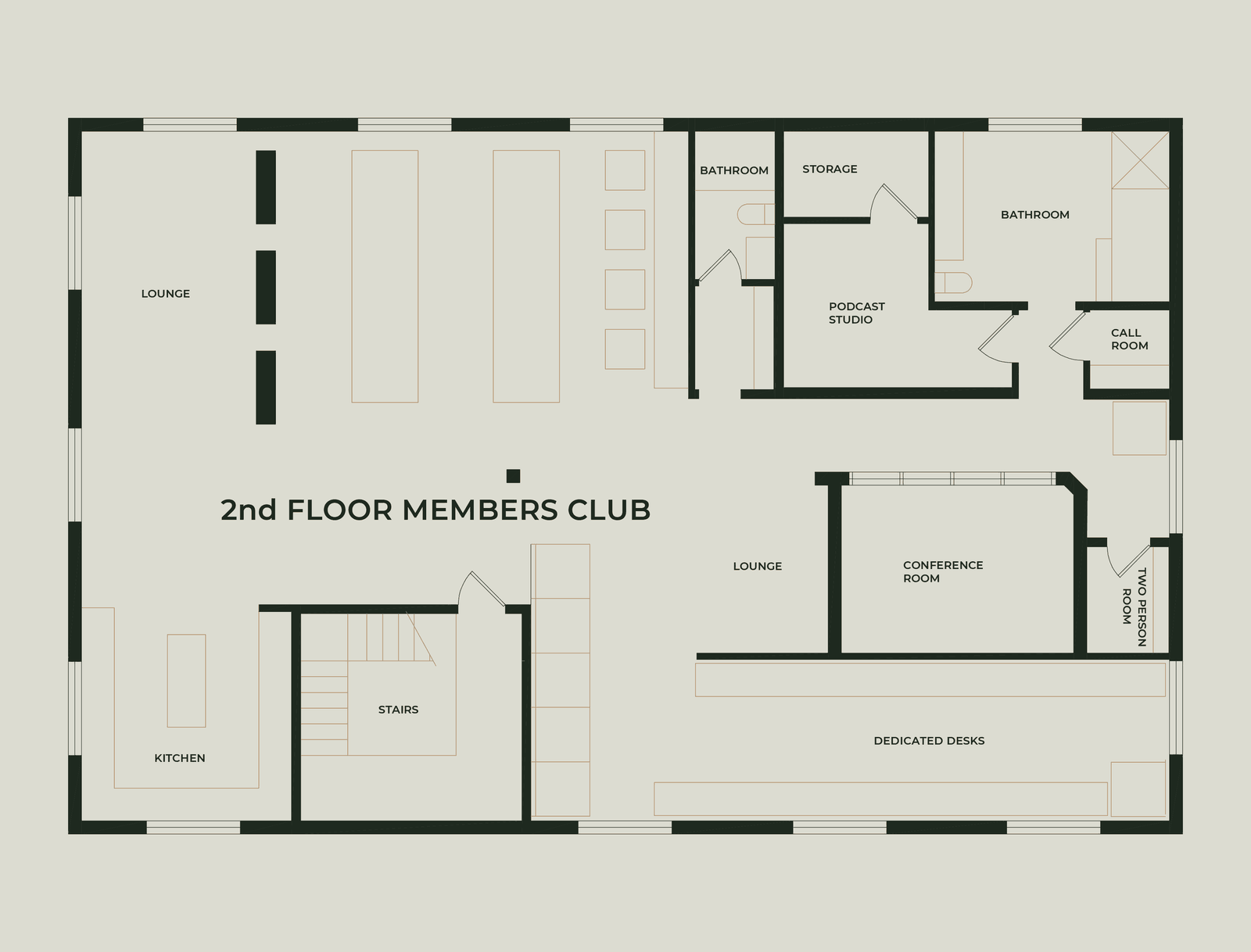 Second floor plan of The KINN Members’ Club: lounges, hot desks and dedicated desks, conference room, two-person room, call room, podcast studio, kitchen, bathrooms, storage, and stairs