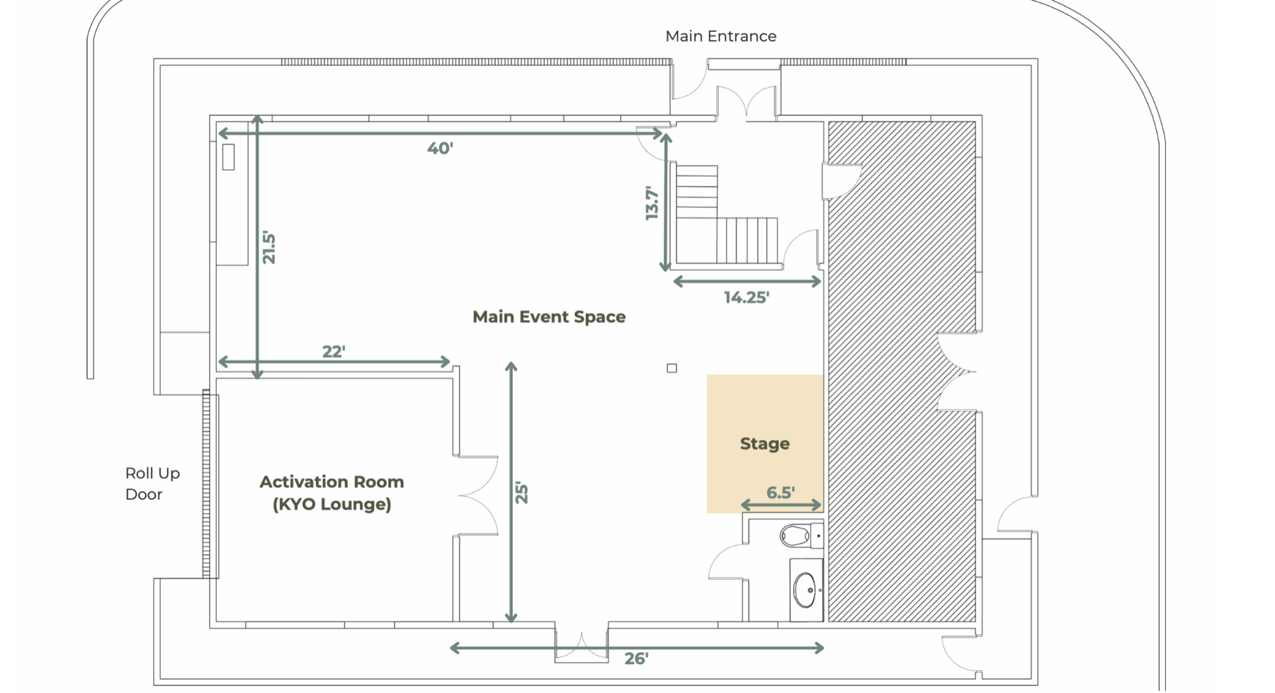 Floor plan: Main Event Space 40 by 21.5 feet, KYO Lounge activation room 22 by 25 feet, stage 12 by 8 feet, roll-up door, main entrance